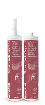 Adhesivo híbrido elástico de elevado reticulado inicial, referencia Tetra Tack Crystal de Kerakoll. Fijación instantánea.